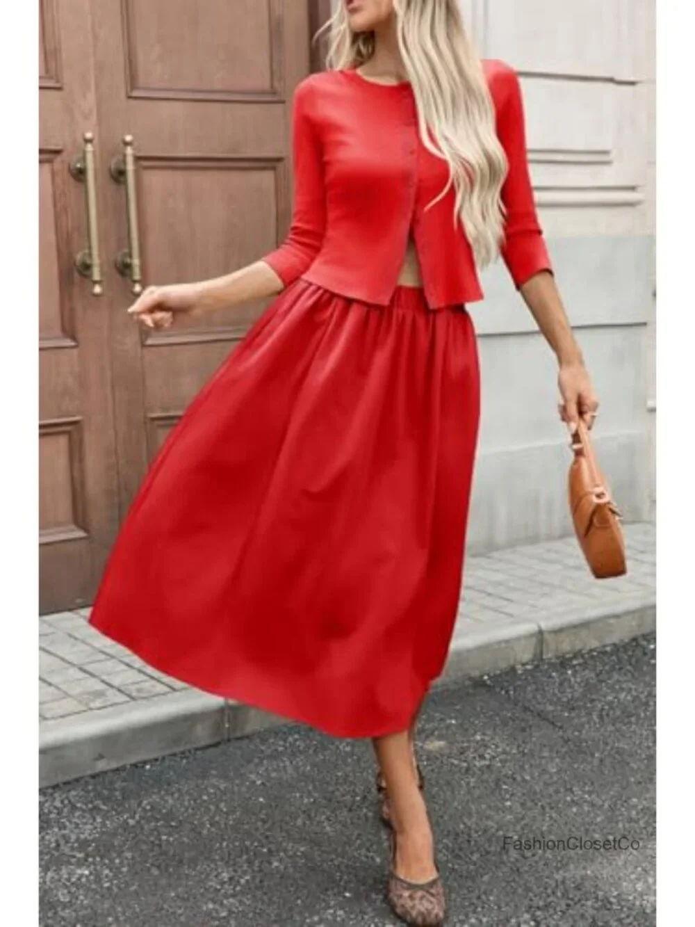 Women's 2 Piece Skirt Set 3/4 Sleeve Knit Cardigan Elastic Waist Midi Skirt